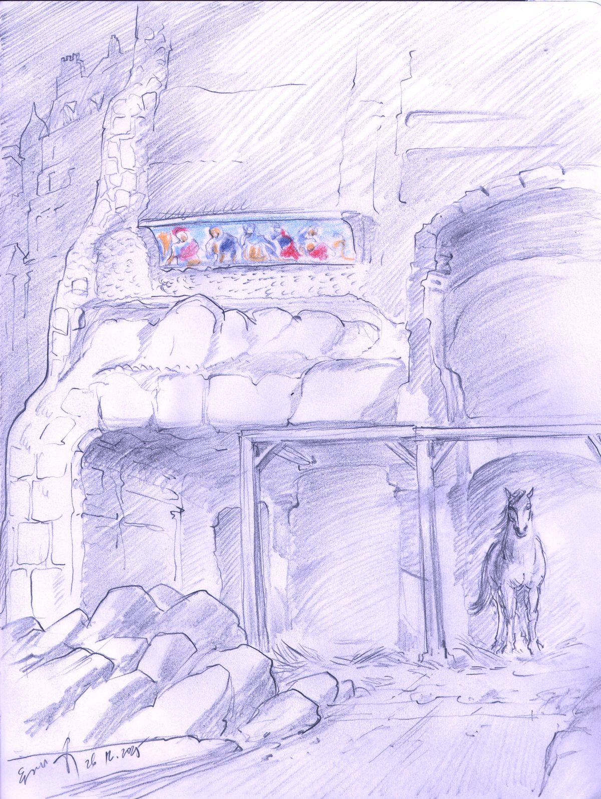 Illustration du rêve : ruines d'une église avec un cheval et un vitrail coloré